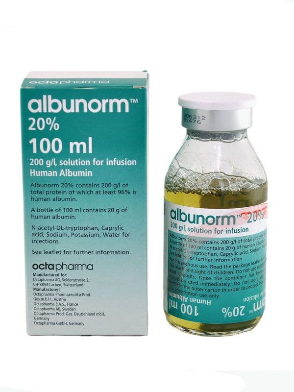 ალბუმინი(ალბუნორმი) 20% 100მლ.. გადასასხმელი ფლაკონი