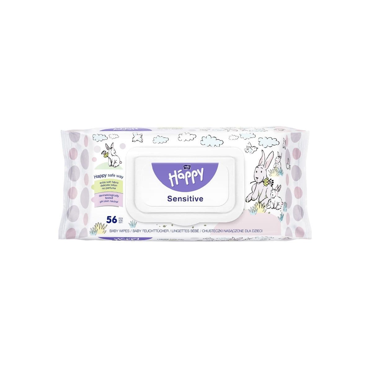 საბავშვო სველი ხელსაწმენდი მგრძნობიარე კანისთვის "სენსიტივი", 56 ცალი. 1151 ბელა ჰეფი - Bella Happy