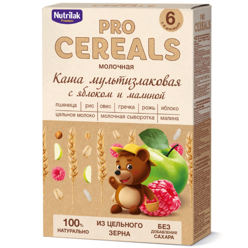 ნუტრილაკი პრემიუმი - ფაფა რძიანი. მულტიმარცვალი ვაშლით და ჟოლოთი /6თვ+/ 200გრ