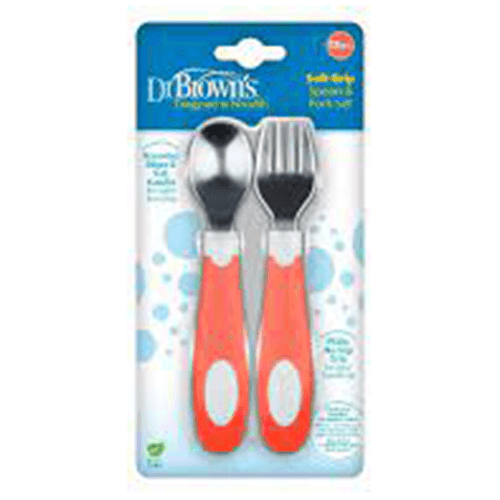 დოქტორ ბრაუნი - კოვზი და ჩანგალი ლითონის. რბილი სახელურით. მარჯნისფერი