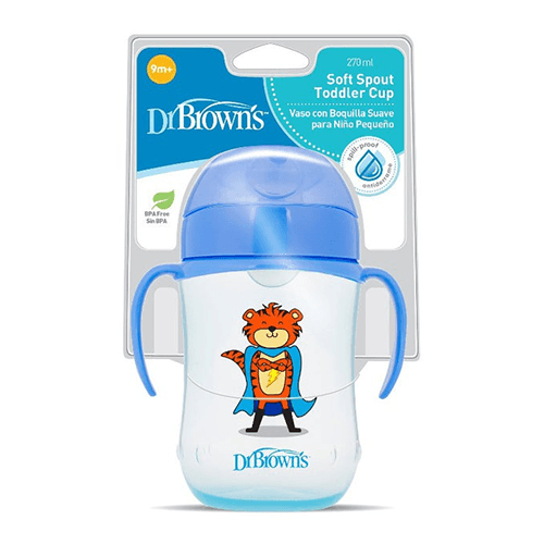 დოქტორ ბრაუნი - ჭიქა რბილთავიანი სახელურებით ლურჯი /9თვ+/ 270მლ