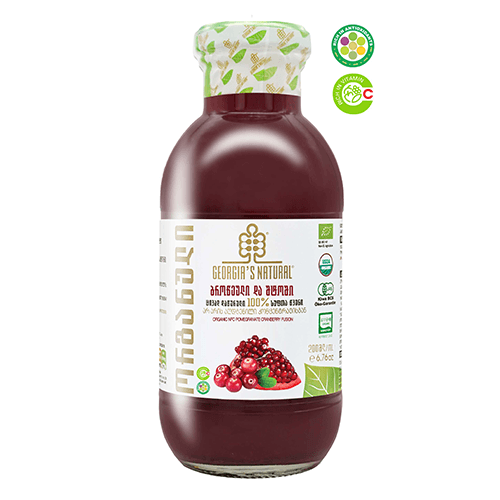 არომაპროდუქტი - წვენი ორგანული ბროწეული და შტოშის ფიუჟენი ცივად დაწურული 100% 200მლ