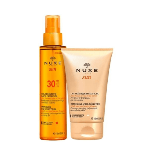 ნუქსი - პრომო ნაკრები SUN მზისგან დამცავი SPF30 სახე/ტანის ზეთი 150მლ + მზის შემგომი ლოსიონი 100მლ