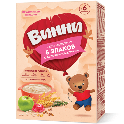 ვინი - ფაფა რძიანი 5 მარცვალი ვაშლით და ჟოლოთი /6თვ+/ 200გრ