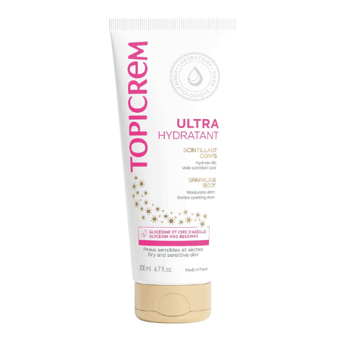 ტოპიკრემი - ტანის რძე დამატენიანებელი ბრჭყვიალა ეფექტით 200მლ