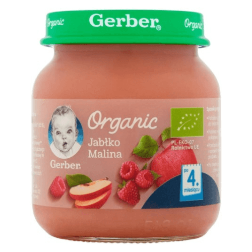 გერბერი - ხილფაფა ორგანული. ვაშლი და ჟოლო /4თვ+/ 125გრ