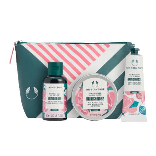 ბოდი შოპი - სასაჩუქრე ნაკრები AYR25 G2 ჩანთა ბრიტანული ვარდი შხაპის გელი 60მლ. ტანის კარაქი 50მლ. ხელის კრემი 30მლ