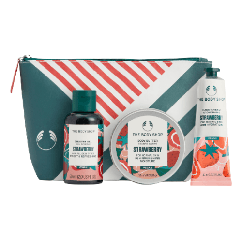 ბოდი შოპი - სასაჩუქრე ნაკრები AYR25 G2 ჩანთა მარწყვი შხ.გელი 60მლ.  ტანის კარაქი 50მლ. ხელის კრემი 30მლ