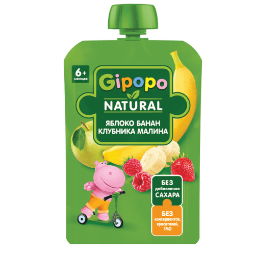 ჰიპოპო - პაუჩი ვაშლი. ბანანი. ჟოლო და მარწყვი /6თვ+/ 90გრ