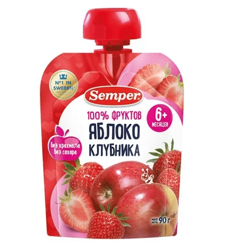 სემპერი - პაუჩი უშაქრო ვაშლი-მარწყვი /6თვ+/ 90გრ