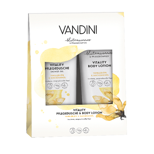ვანდინი - სასაჩუქრე ნაკრები VITALITY შხაპის გელი/ტანის ლოსიონი ვანილის ყვავილი/მაკადამიის ზეთი 2X200მლ