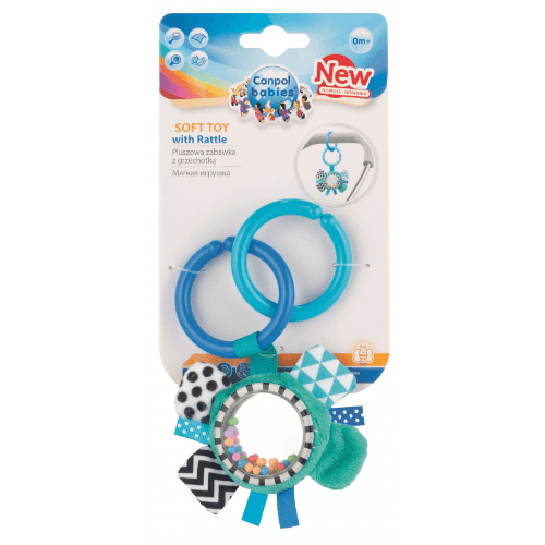 კანპოლი - რბილი სათამაშო საჩხარუნო. შრაშუნა დეტალებით 'ზიგ-ზაგი' ლურჯი ლენტი /0თვ+/