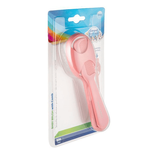 კანპოლი - თმის ჯაგრისისა და სავარცხლის ნაკრები ახალშობილისთვის. ვარდისფერი