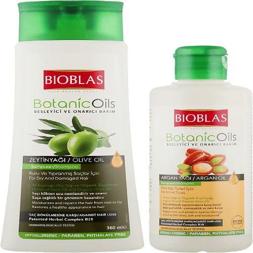 ბიობლასი - შამპუნი თმის ცვენის საწ. ზეთის ხილის ზეთით მშრალი. დაზიანებული თმის 360მლ+შამპუნი არგანის 150მლ
