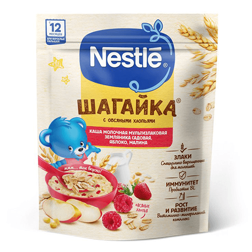 ნესტლე - ფაფა შაგაიკა რძიანი 5 მარც ვაშლი. მარწყვი და ჟოლო /12თვ+/ 190გრ