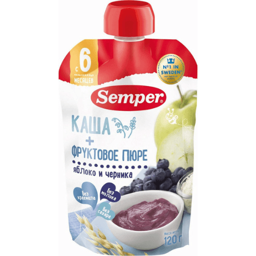 სემპერი - პაუჩი უშაქრო ვაშლი-მოცვი /6თვ+/ 120გრ