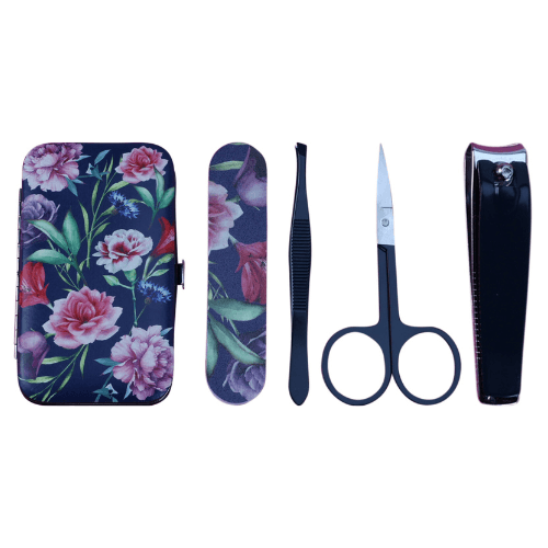 კპმ - მანიკურის ნაკრები ქეისით (ყვავილოვანი პრინტით). მაკრატელი/საკვნეტელა/ქლიბი/პინცეტი