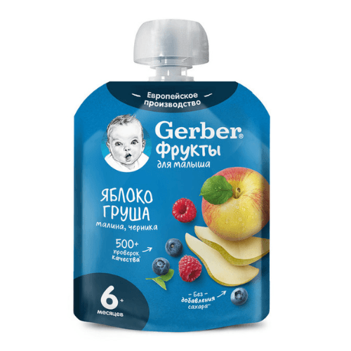 გერბერი - პაუჩი ვაშლი. მსხალი. ჟოლო და მოცვი /6თვ+/ 90გრ