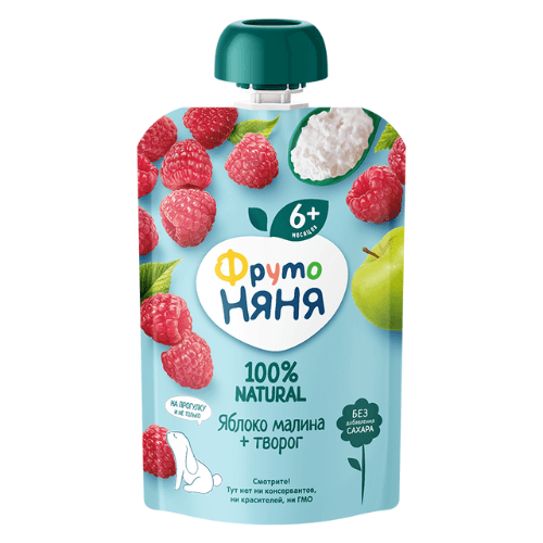 ფრუტო - პაუჩი ვაშლი და ჟოლო ხაჭოთი /6თვ+/ 90გრ