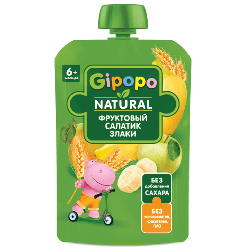 ჰიპოპო - პაუჩი ვაშლი. მსხალი. ბანანი მარცვლეულით /6თვ+/ 90გრ