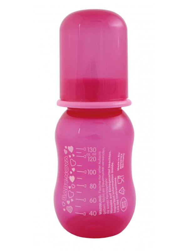 Baby Nova - პლასტმასის ფერადი ბოთლი სილიკონის საწოვარით - 130 მლ ვარდისფერი (კოდი: 40105)