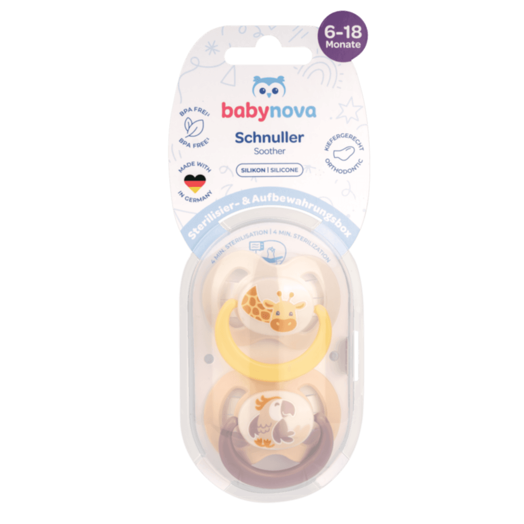 Baby Nova - მატყუარა სილიკონის წაკვეთილ თავიანი 2ც + სტერილიზაციის ყუთი (6-18 თვე)
