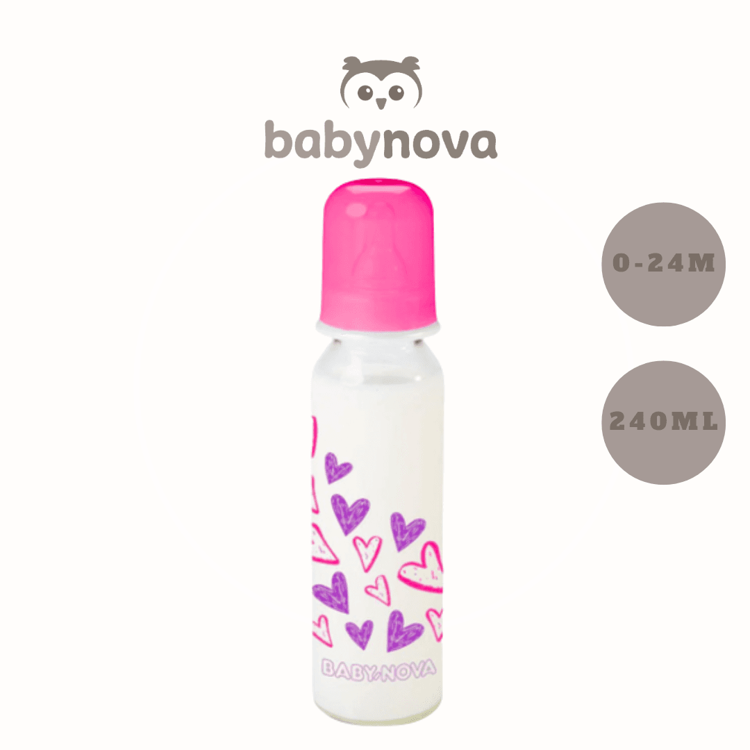 Baby Nova - მინის სტანდარტული ბოთლი სილიკონის საწოვარით (0-24 თვე)- 240 მლ ვარდისფერი (კოდი: 43705)