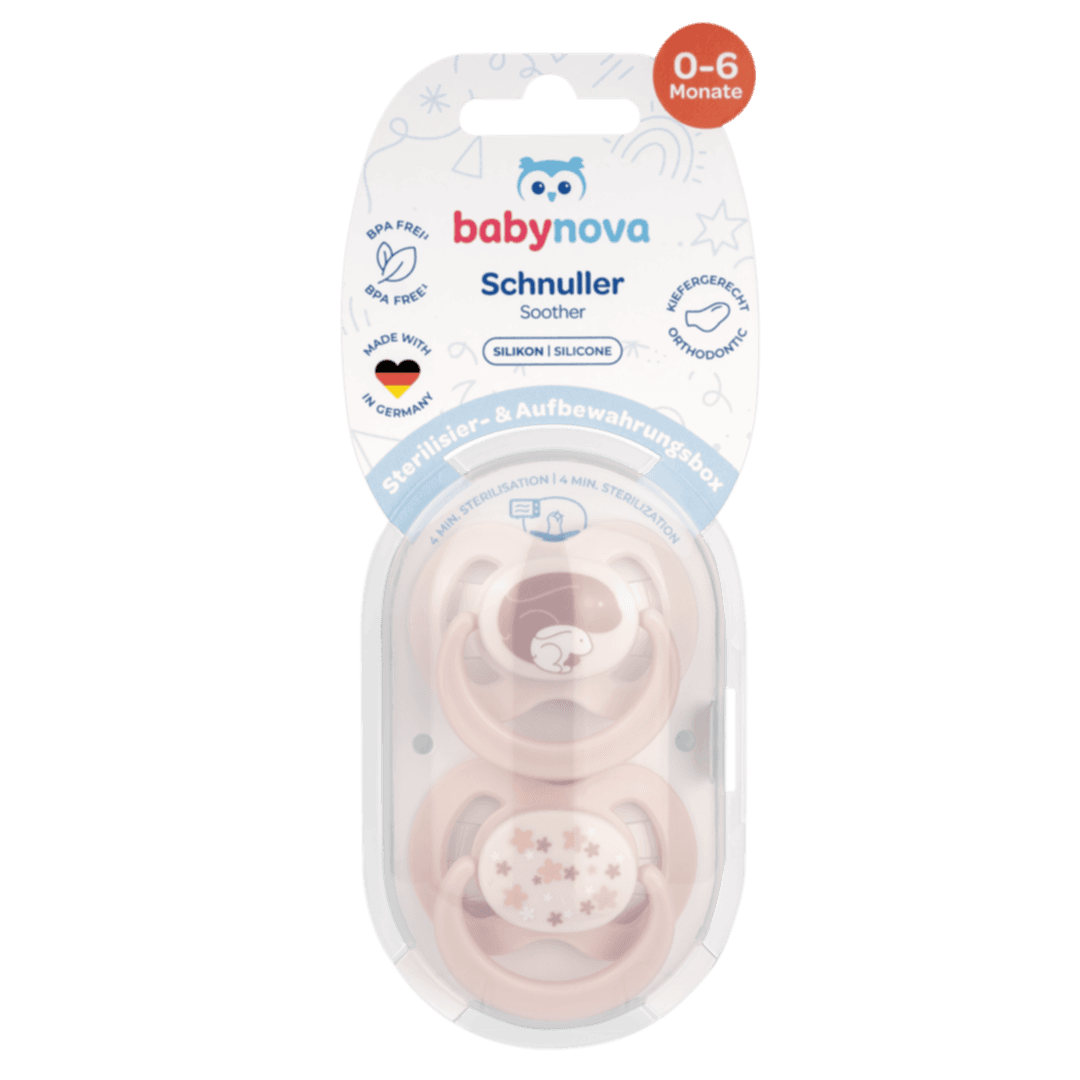 Baby Nova - მატყუარა წაკვეთილთავიანი სილიკონის 2ც. + სტერილიზატორი 0-6 თვე