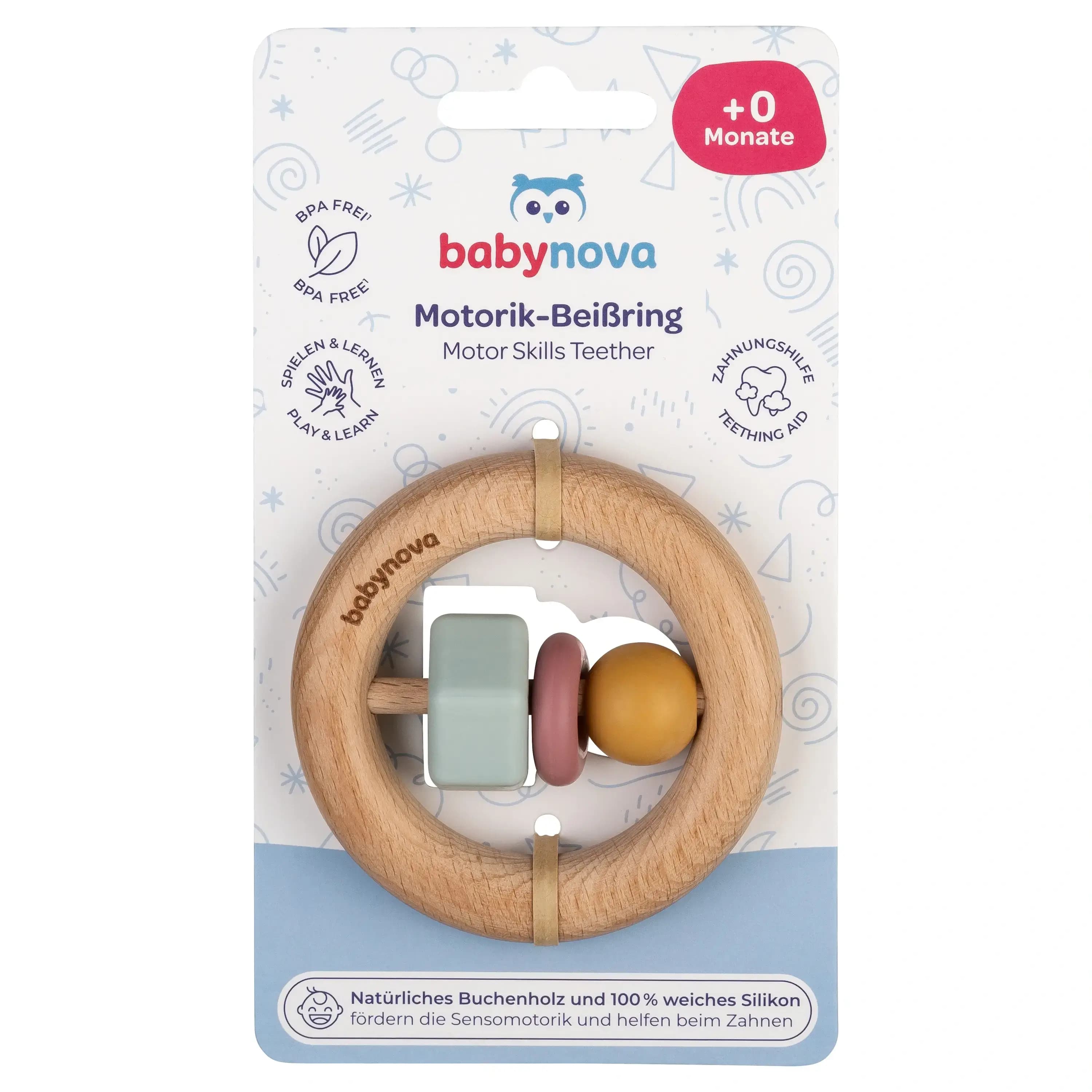 Baby Nova - ნატურალური ხის ღრძილის რგოლი მოტორული უნარების განვითარებისთვის (კოდი:31157)