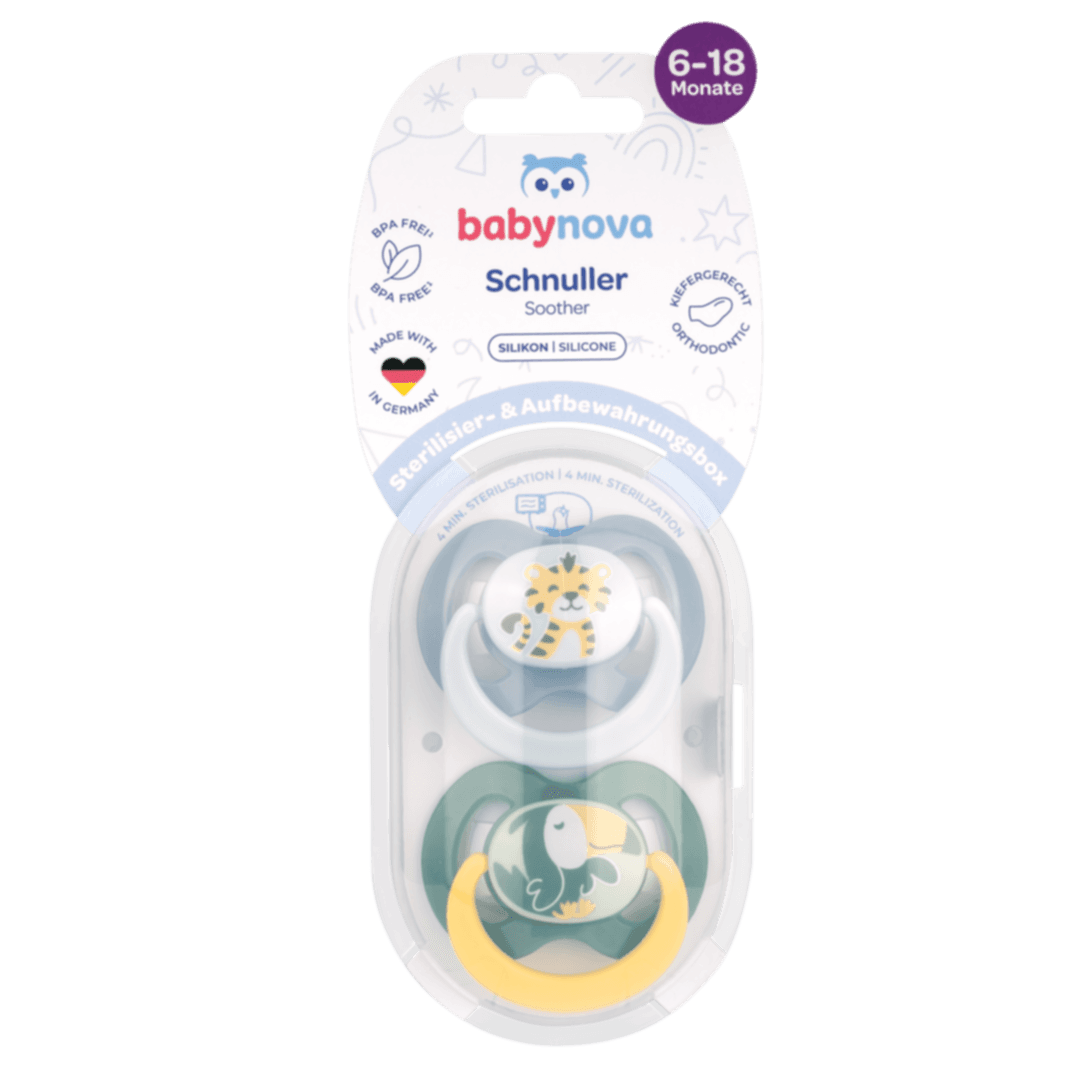 Baby Nova - მატყუარა სილიკონის წაკვეთილ თავიანი 2ც + სტერილიზაციის ყუთი (6-18 თვე)