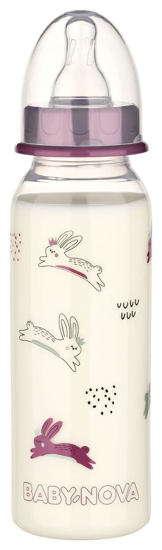 Baby Nova - ბოთლი სილიკონის მრგვალთავიანი საწოვარით 0-24 თვე - 240 მლ იასამნისფერი