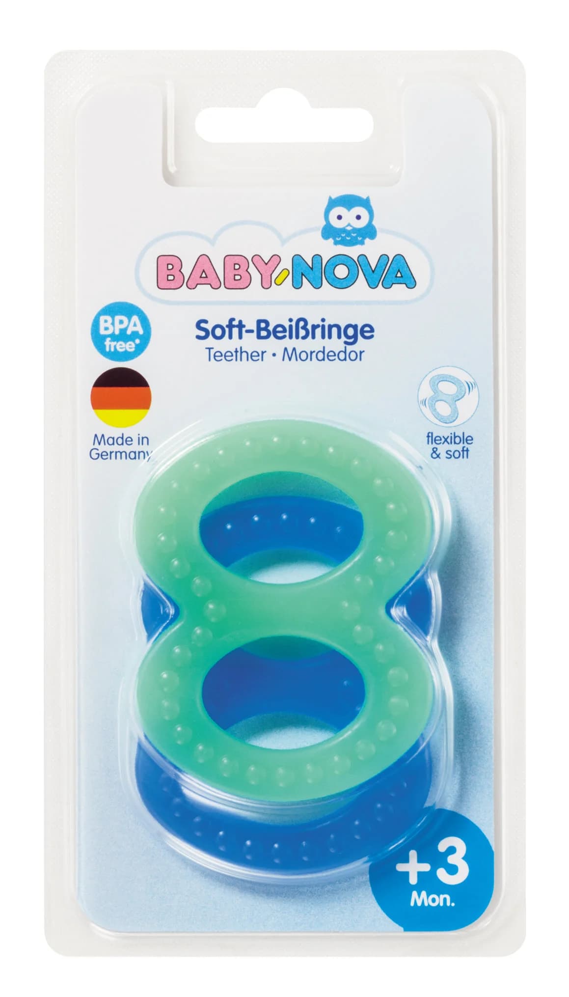 Baby Nova - ღრძილის რგოლი. ბავშვებისთვის 3 თვიდან მწვანე და ლურჯი (კოდი: 31188)