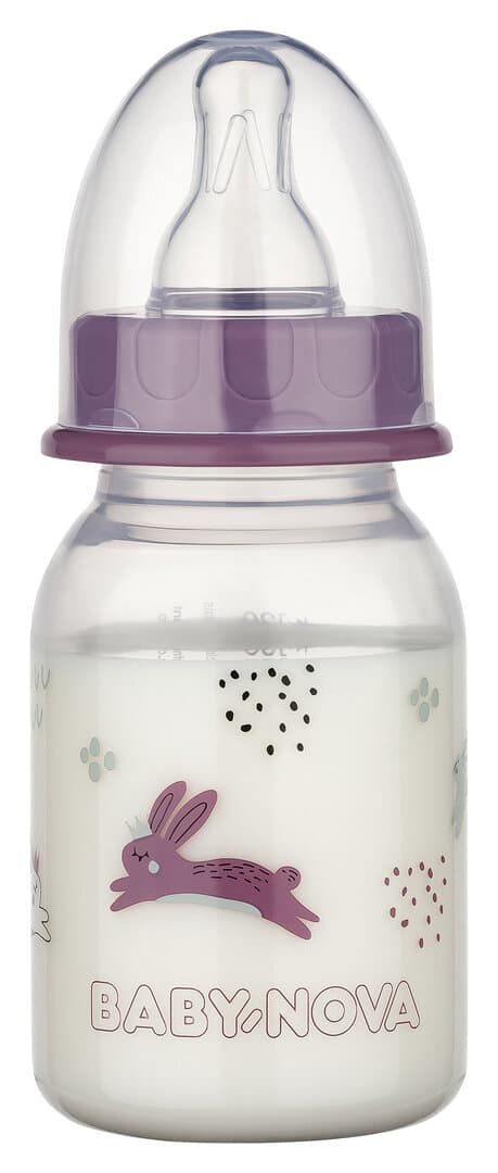 Baby Nova - პლასტმასის სტანდარტული ბოთლი სილიკონის მრგვალთავიანი საწოვარით - 120 მლ.