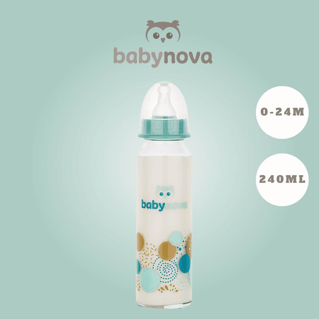 Baby Nova - მინის სტანდარტული ბოთლი სილიკონის საწოვარით (0-24 თვე)- 240 მლ კოდი:43706