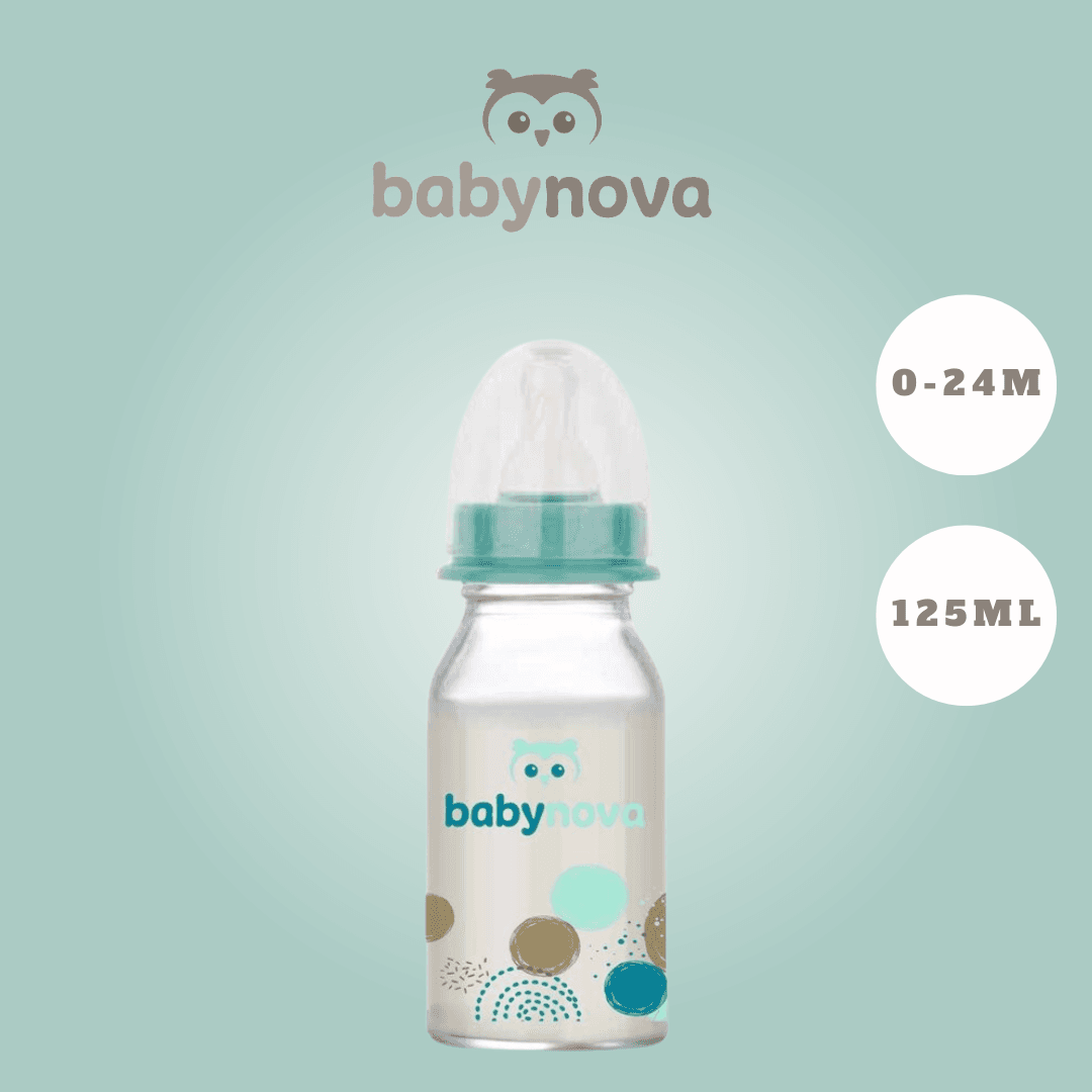Baby Nova - მინის სტანდარტული საკვები ბოთლი სილიკონის საწოვარით - 125 მლ (კოდი: 44606)