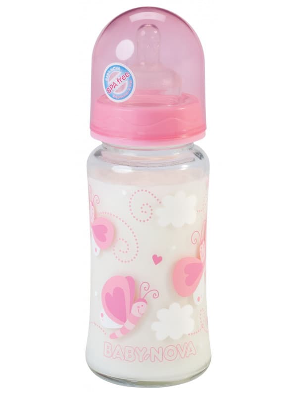 Baby Nova - მინის განიერ ყელიანი ბოთლი სილიკონის ანტიკოლიკური საწოვარით - 230 მლ ვარდისფერი (კოდი: 44240)