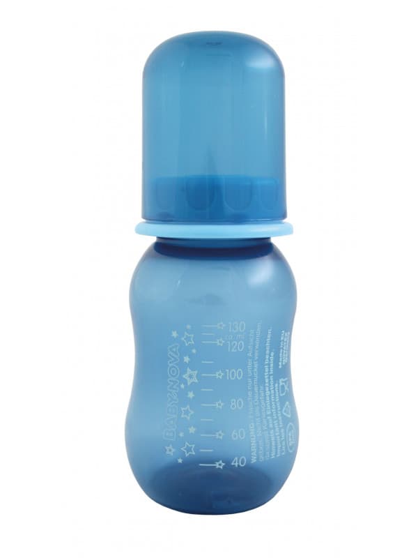 Baby Nova - პლასტმასის ფერადი ბოთლი სილიკონის საწოვარით - 130 მლ ლურჯი (კოდი: 40105)