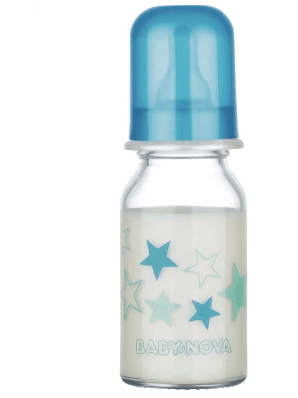 Baby Nova - მინის სტანდარტული საკვები ბოთლი სილიკონის საწოვარით - 125 მლ ლურჯი (კოდი: 44605)