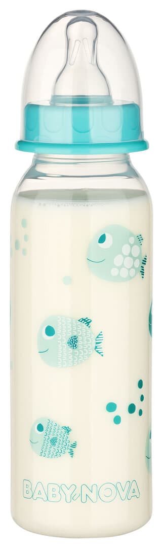 Baby Nova - ბოთლი სილიკონის მრგვალთავიანი საწოვარით 0-24 თვემდე - 240 მლ ცისფერი