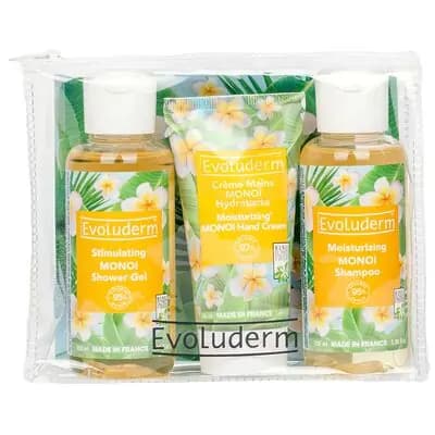 ევოლუდერმი- სამოგზაურო ნაკრები მონოი(შამპუნი , შხაპის გელი, ხელის კრემი)