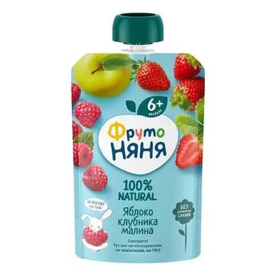 ფრუტო-პაუჩი ვაშლის, მარწყვის და ჟოლოს 90გ 6 თვიდან