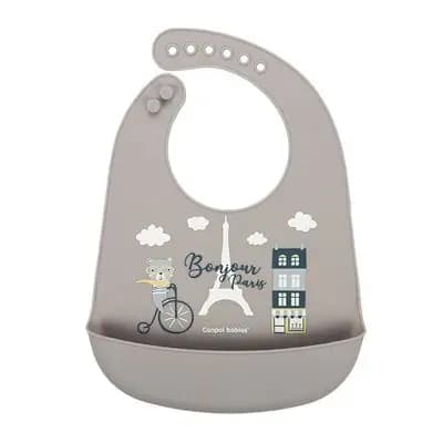 კანპოლ ბეიბის წინსაფარი სილიკონის, ჯიბით "გამარჯობა პარიზო", კრემისფერი