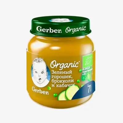 გერბერი ორგანიკი „მწვანე ბარდა, ბროკოლი და ყაბაყი“ 125გ