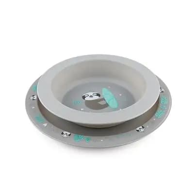 კანპოლ ბეიბის ჭურჭლის ნაკრები (ჯამი + თეფში) "ეგზოტიკური ცხოველები", ნაცრისფერი