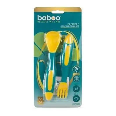 ბეიბო-კოვზი და ჩანგალი დრეკადი სახელურებით. ფირუზისფერი 6+