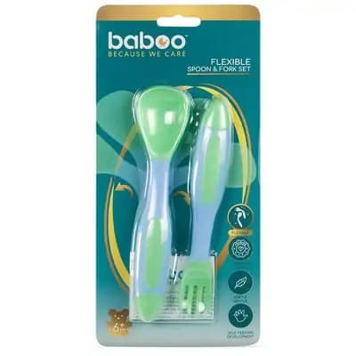 ბეიბო-კოვზი და ჩანგალი დრეკადი სახელურებით. მწვანე, 6+