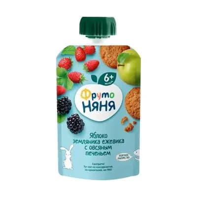 ფრუტო–პიურე შვრიის ნამცხვრებთან ერთად, ვაშლი, მარწყვი, მაყვალი, 90გ.