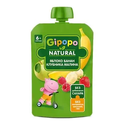 ჰიპოპო - პიურე პაუჩი ვაშლი, ბანანი, ჟოლო, მარწყვი90გრ