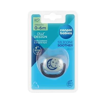 კანპოლ ბეიბის მატყუარა სილიკონის, ორთოდონტული 0-6 თვე. მანათობელი.