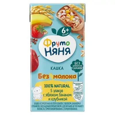 ფრუტო ურძეო მზა ფაფა ხუთი მარცვლეულისგან ვაშლით, ბანანით და მარწყვით 0.2 ლ